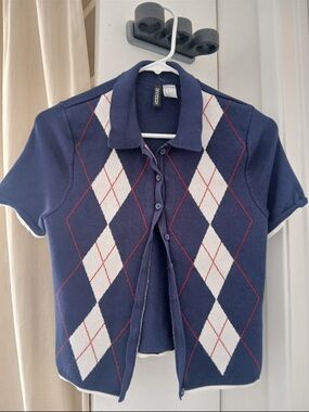 Argyle Short-Sleeve Button-Down Polo Shirt - Navy